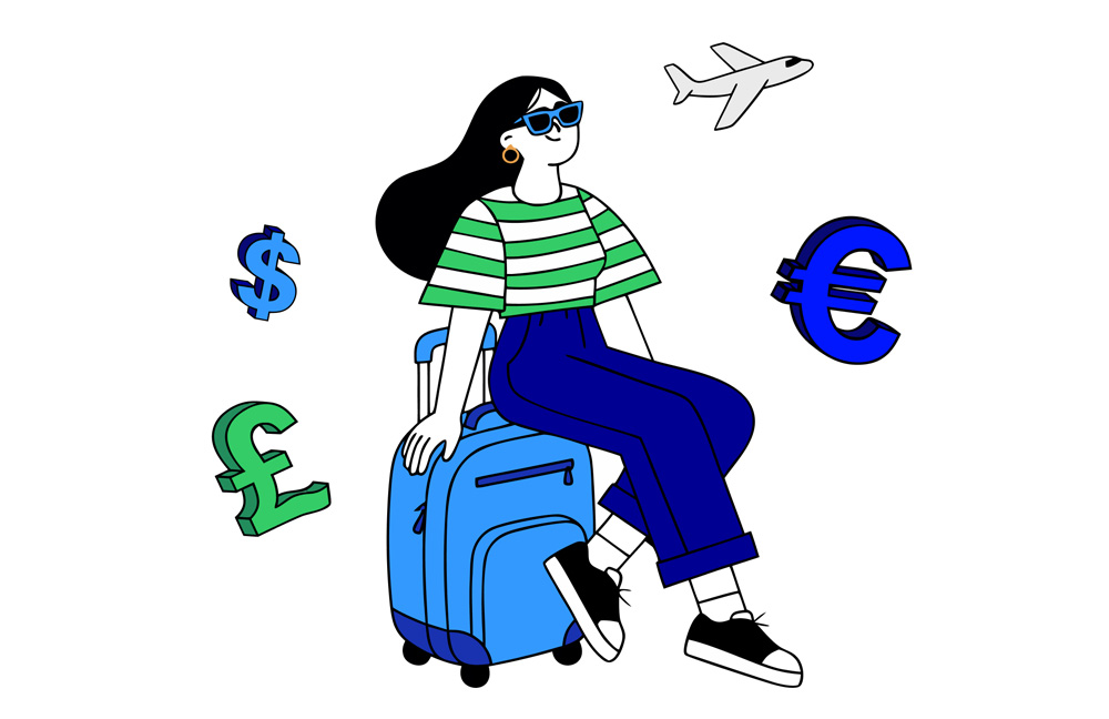 A traveller in sunglasses sits on a suitcase with an aeroplane flying overhead and euro, pound and dollar signs floating around her — a multi-currency account for frequent travellers and living abroad.