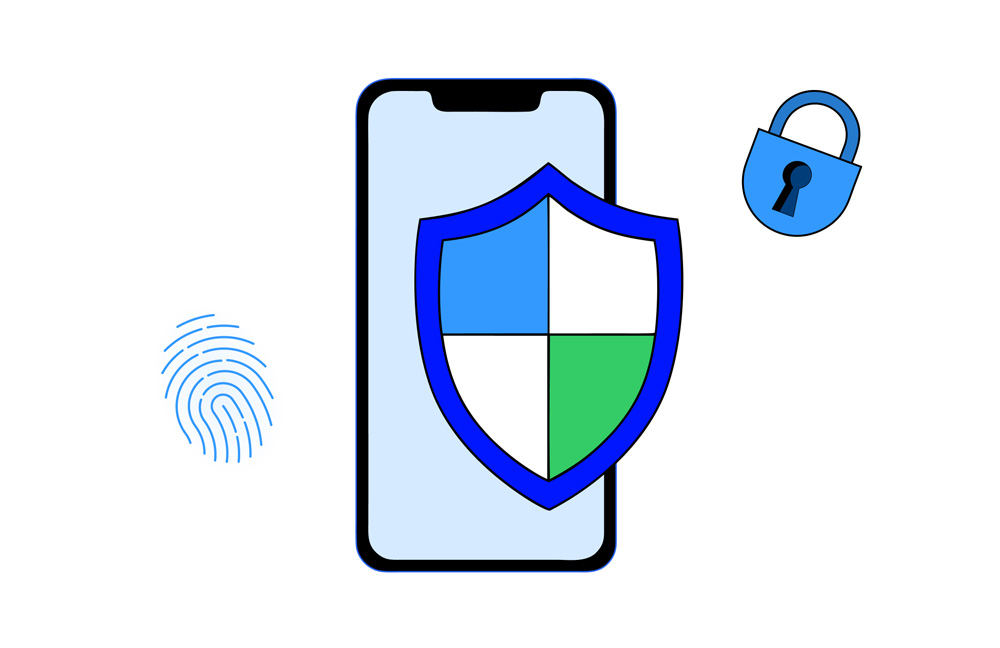 A smartphone with a large protective shield in front of it, next to a padlock and a fingerprint — mobile device protection.